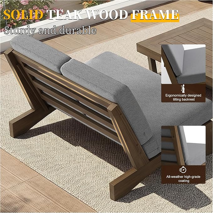 All Weather Patio Furniture Sets, 4 Pieces Teak Wood Outdoor Sectional Futniture Patio Sofa Chair Backyard Conversation Set with Solid Wooden Coffee Table - Light Gray