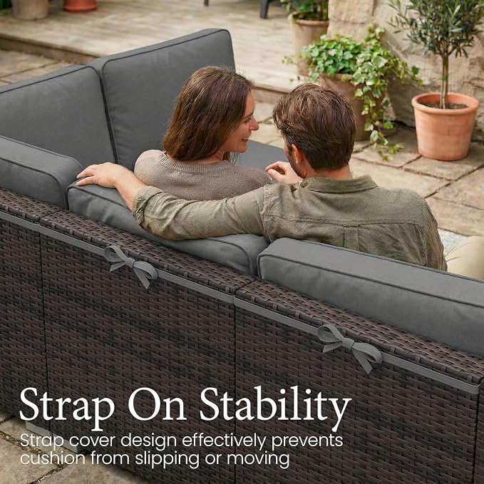 LayinSun 8 Piece Patio Furniture Set with 44" Propane Gas Fire Pit Table, Outdoor Sectional Conversation Set Wicker Rattan Sofa Set with Coffee Table