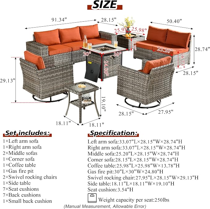 HOOOWOOO Outdoor Patio Sectional Furniture Sofa Set with Fire Pit Table,10 Piece Modern Wicker Couch with Swivel Chairs,Modular Conversation Seating Set with Widened Armrest for Garden(Orange Red)
