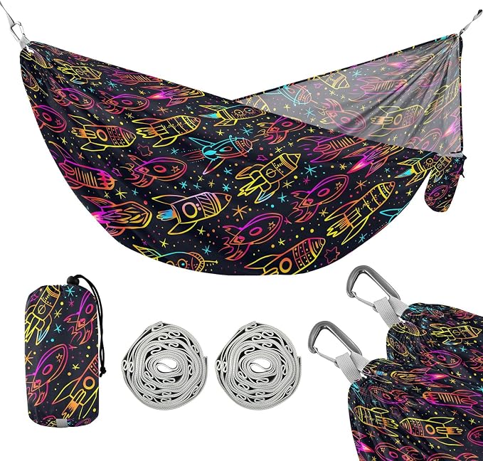 Camping Hammock Outdoor Hammocks for Outside Neon Rocket Doodle Beach Trees Portable Lightweight with Pockets Tree Straps Indoor