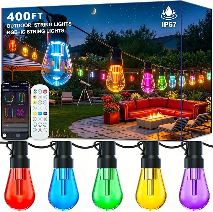 AILBTON RGB+IC 400FT Outdoor String Lights Bulbs IP67 Waterproof LED Color Changing Smart App Hanging Shatterproof Light with Remote Controller for Outside, Patio, Backyard, Garden, Party