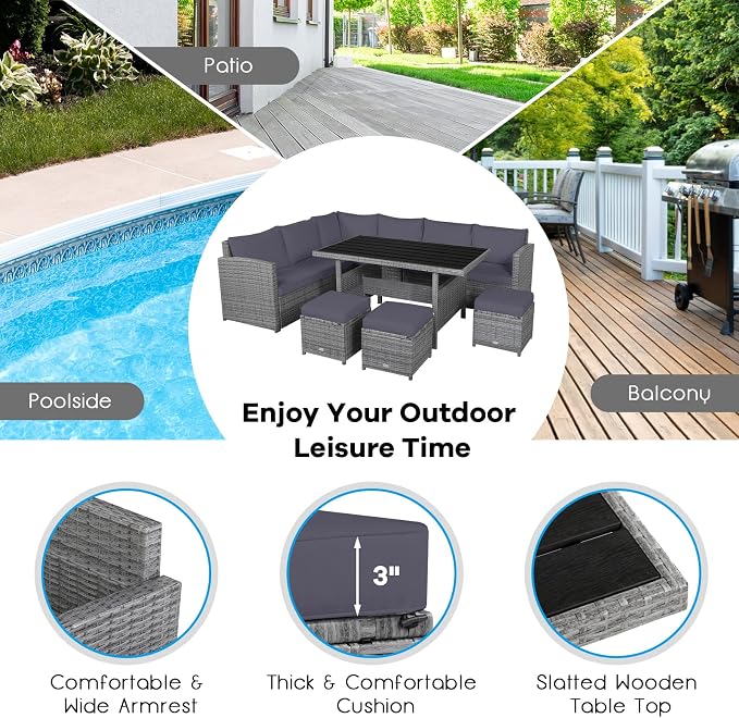 RELAX4LIFE 7 PCS Wicker Patio Furniture Set, Outdoor Rattan Sofa Set with Dining Table & Ottomans Soft Cushions for Backyard Garden Poolside Balcony, Sectional Conversation Couch Set (Gray)