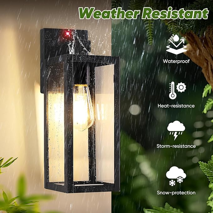 2-Pack 15” Upgraded Motion Sensor Outdoor Wall Lights, Black | Auto ON/OFF, 3 Lighting Modes, Waterproof, Rust-Resistant, Durable Metal & Clear Glass, Standard E26 Sockets, Easy to Install