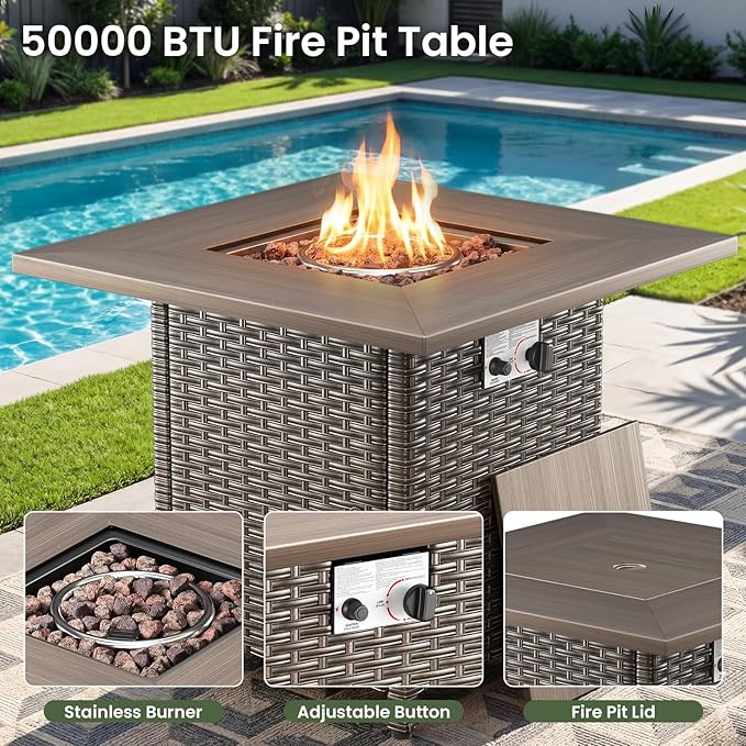 Luxury Patio Furniture Set 10pcs with 6-inch Thick Cushion, Outdoor Furniture with Fire Pit Table, Swivel Chairs, Sofa, Side Table, Ottomans, Patio Set for Deck Yard Brown Wicker | Grey Cushions