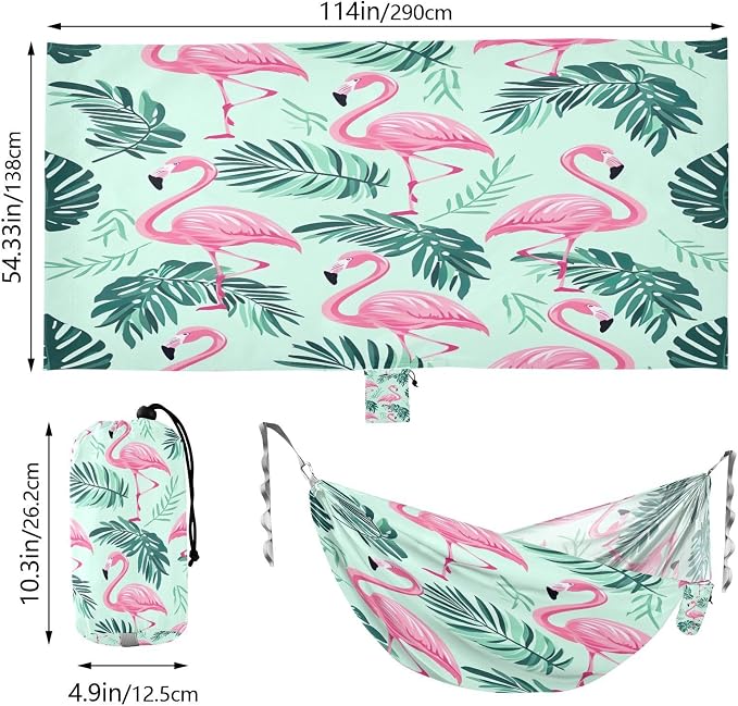 Qilmy Pink Flamingo Pattern Camping Hammock Single – 330 lbs Capacity, Lightweight with Tree Straps & Carabiners, Portable for Hiking, Travel, Backpacking