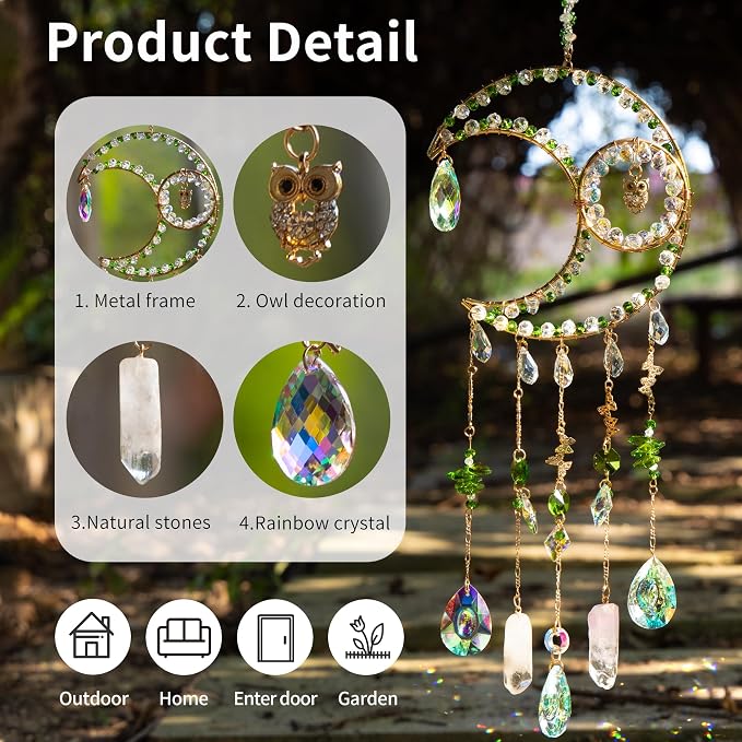 Moon Crystal Suncatcher Rainbow Maker Window Hanging Decoration - Green | Handmade crystal decoration with natural stones, creates rainbow reflections for windows, bedrooms and home decor.