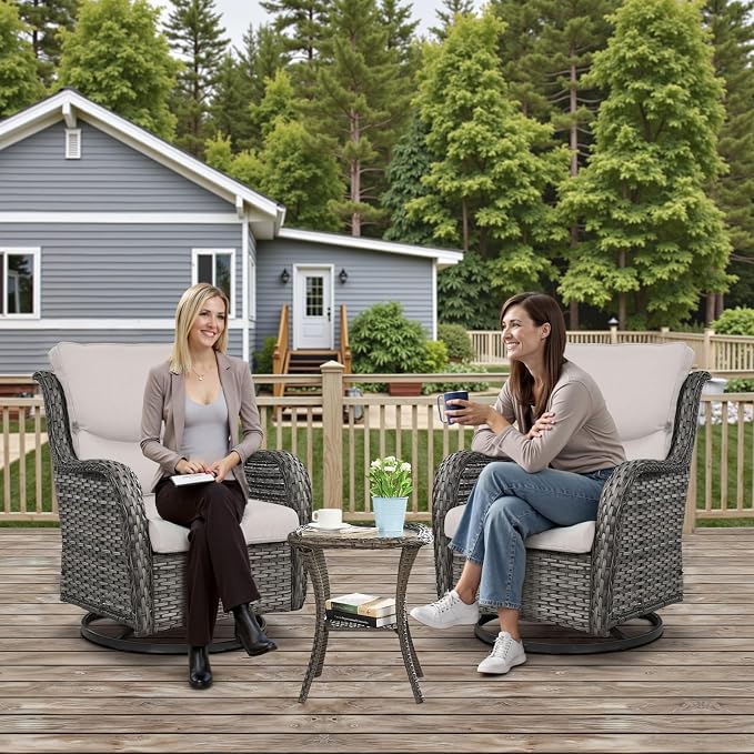 Outdoor Swivel Rocker Patio Chairs with 5" Thick Cushion - 3 Piece Wicker Bistro Set with Side Table, High Back Comfty Outdoor Glider Chairs for Balcony, Porch, Deck, Poolside - Gray/Beige
