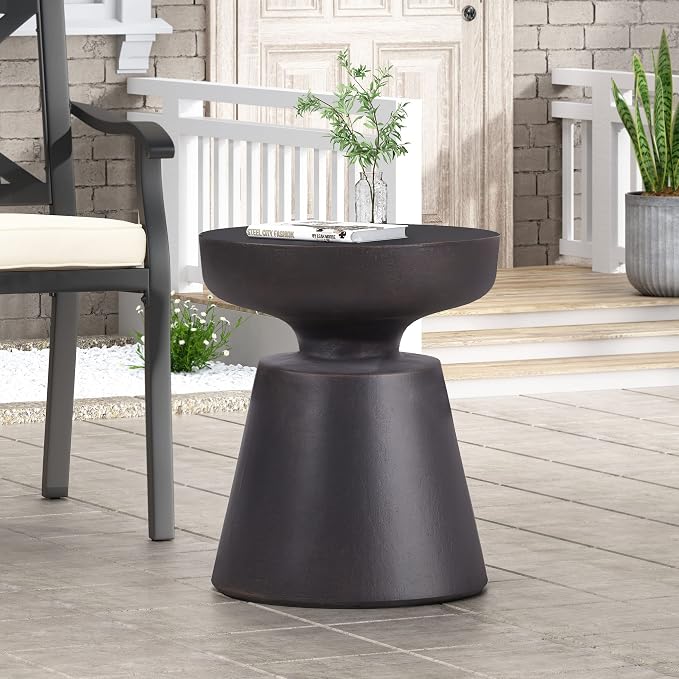 Outdoor Side Table Round Hourglass Side Table Patio Faux Stone End Table, Concrete Tables, Garden Stool Plant Stand for Porch, Backyard, Black & Copper