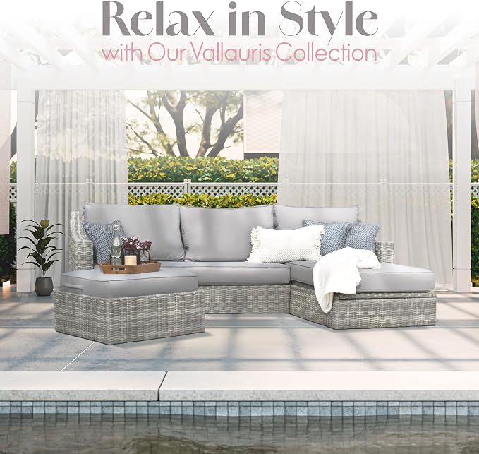 Elle Decor Vallauris Patio Outdoor Furniture Collection, Premium All Weather Wicker, Storage Sectional, Gray