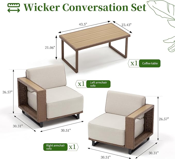 Bonzy Home 2 Piece Patio Furniture Set, Loveseat Sofa with and Rattan Side Table and Extra-Thick Soft Cushions, Wicker Rattan Loveseat Couch Outdoor Patio Furniture with for Porch, Balcony