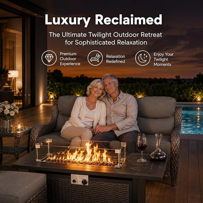HUMMUH 10-Piece Wicker Patio Furniture Set with Fire Pit | 360-degree swivel chairs, 6-inch cushions, all-weather PE wicker, olefin fabric, 50000 BTU fire pit