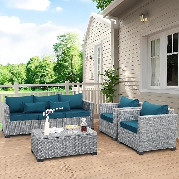 4 Piece PE Rattan Sectional Sofa Couch Peacock Blue Outdoor Conversation Set Wicker Patio Furniture Sets with Storage Table and Comfortable Cushions