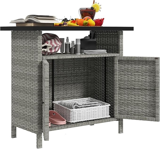 Outsunny Wicker Outdoor Storage Cabinet, Rattan Bar Table with 2 Doors and Shelf, Buffet Sideboard with Metal Slatted Countertop for Poolside, Patio, Backyard, Gray