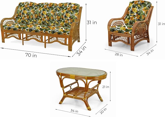 Malibu Lounge Set of 4: 2 Natural Rattan Wicker Chairs, Three-Seater Sofa with Cushions and Coffee Table with Glass Handmade, Colonial Color