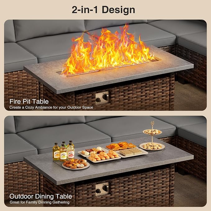 Qsun 8 Pieces Outdoor Patio Furniture Set with 44.9" Fire Pit Table, All-Weather Wicker Outdoor Patio Sectional Set with Coffee Table, for Garden Backyard