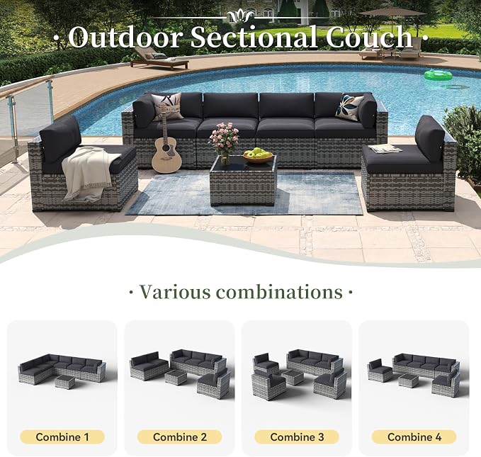 Aoxun 7 Piece Patio Furniture Set Wicker Rattan Patio Conversation Set Outdoor Sectional Sofa Set with Coffee Table and Thickened Cushions, Grey/Black