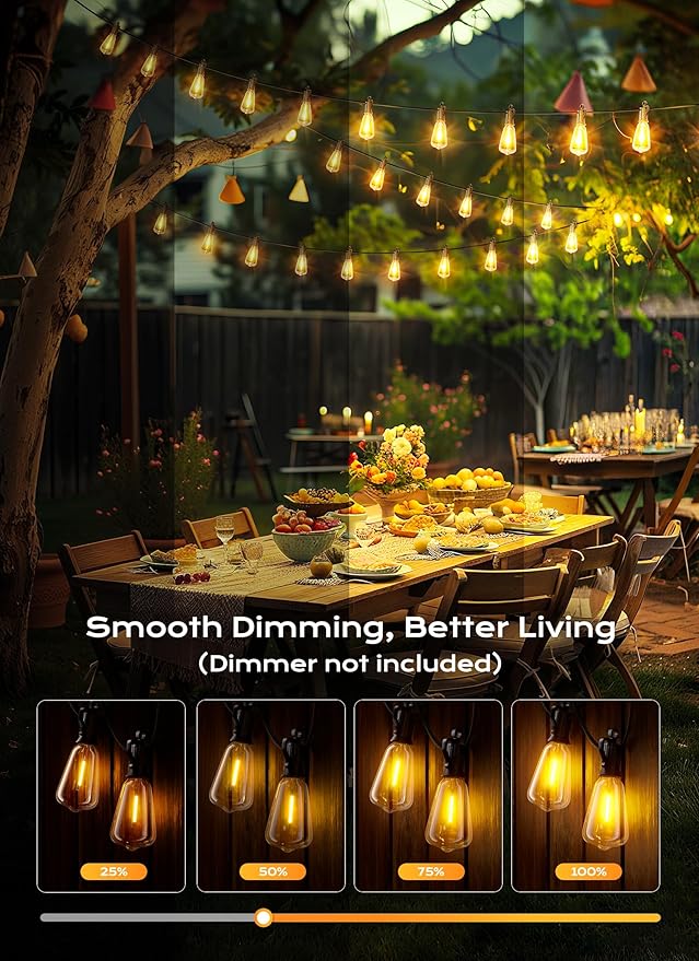 Brightown Outdoor String Lights, 50FT 25+2 LED ST38 LED Patio Lights Shatterproof, Dimmable IP65 Waterproof Connectable Hanging Outdoor Light for Backyard, Porch, Deck, Balcony