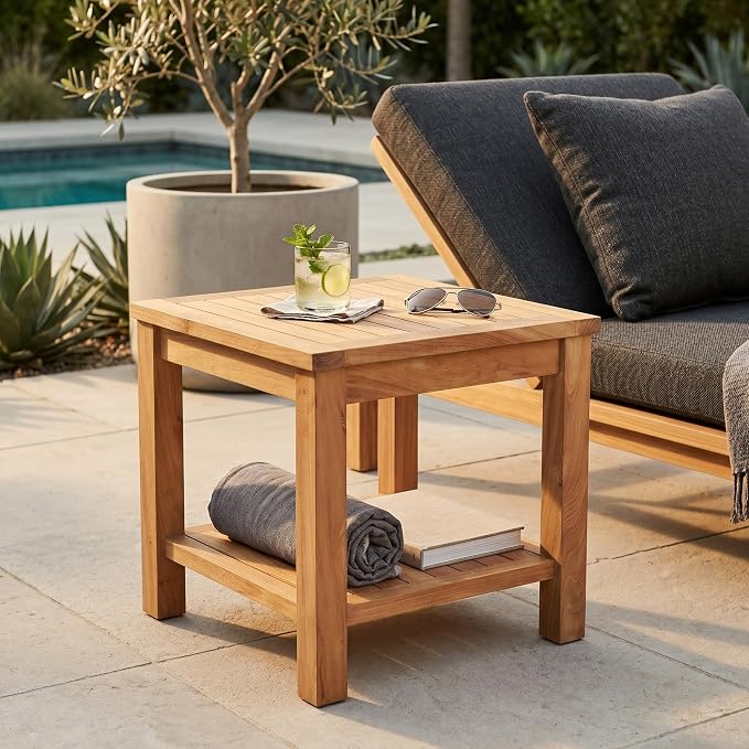 Hives & Honey Pavilion Outdoor Teak Side Table, Square 2-Tier Patio Table, Solid Grade-A Teak Wood for Deck, Porch, Balcony – Natural