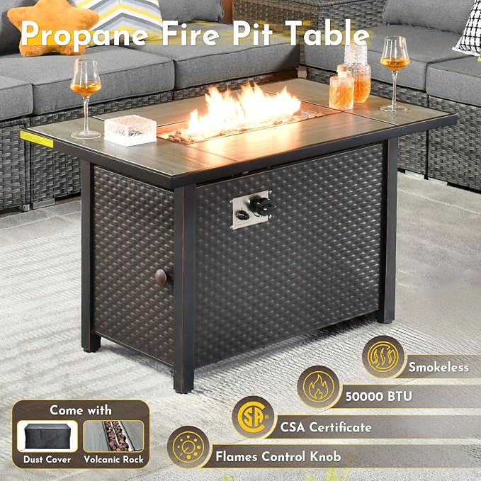Weaxty 11 Piece Patio Furniture Set with Fire Pit Table, Outdoor Sectional Couch Swivel Rocker Patio Chairs with Coffee Table Wicker Conversation Sets for Balcony Backyard, Dark Gray