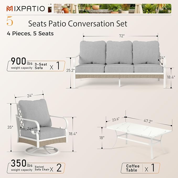 MIXPATIO 4 Piece Patio Furniture Set, 2 x Swivel Chair, 1 x 3-Seat Sofa with Marbling Coffee Table, 5 Seats Outdoor Conversation Set for Lawn Garden Backyard, Light Gray