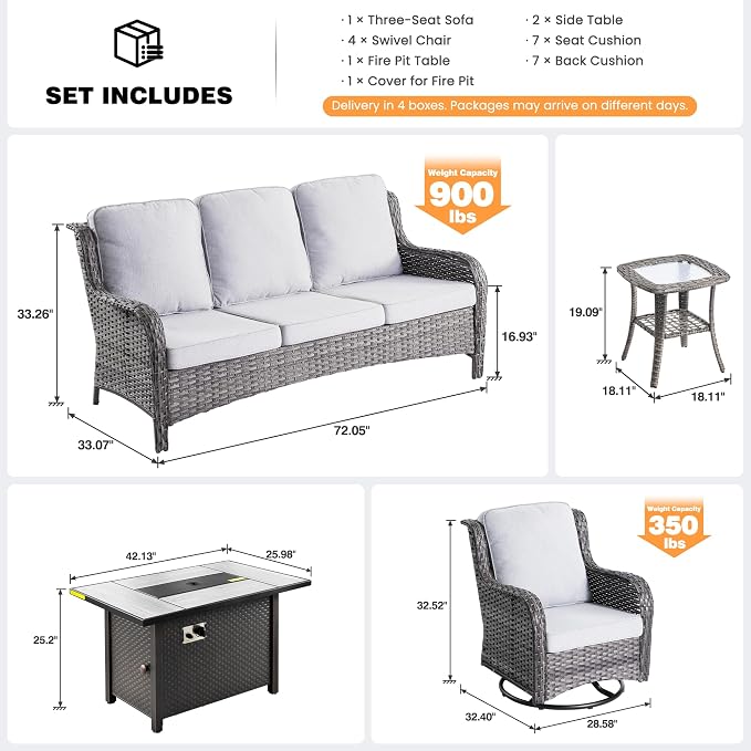 ovios 8-Piece Patio Furniture Set with Swivel Chairs Side Table, Outdoor Wicker Sofa with 42" Fire Pit Table, High Back Couch Modern Conversation Sets, Grey/Grey