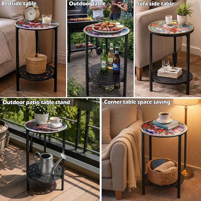 2-Tier Metal Round Side Table Accent Coffee Tables Small Space Corner Plant Stand Shelf for Indoor Outdoor Use Patio Balcony End Table Colorful Floral Print Weather-Resistant