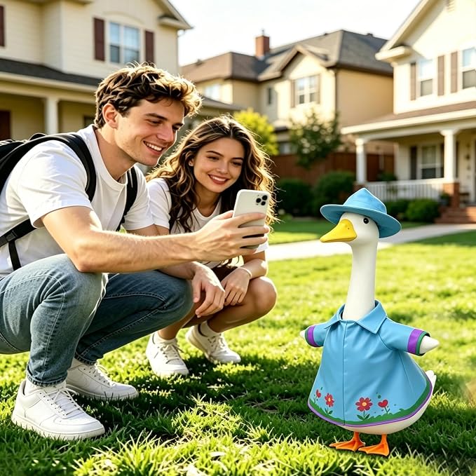 3 Pcs/Set Floral Raincoat Porch Goose Outfits: Blue Lawn Goose Statue Rain Coat Costume with Umbrella Hat - Summer Yard Goose Clothes for 23 Inch Goose Statue - Patio Garden Porch Lawn Outdoor Decor