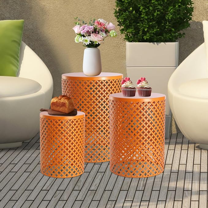 Metal Frame Accent Table,Cylindrical Outdoor Side Table,Decorative Garden Stool,Set of 3 Nesting Side Table,Modern Decorative Garden Stool for Patio Balconies Cafes Parks (3, Orange)