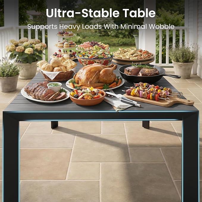 Crestlive Outdoor Dining Table for 8, Patio Table with Umbrella Hole, Aluminum Frame & WPC Wood-Like Tabletop, Ideal for Garden, Backyard, and Indoor