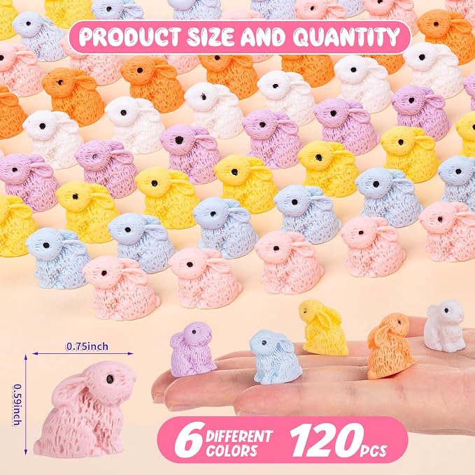 120PCS Miniature Resin Rabbit Easter Bunny Figurines for Easter Egg Fillers | 6 Colors Cute Tiny Bunnies Rabbits Animals, Fairy Garden Dollhouse Cake Home Decor Hidden Game