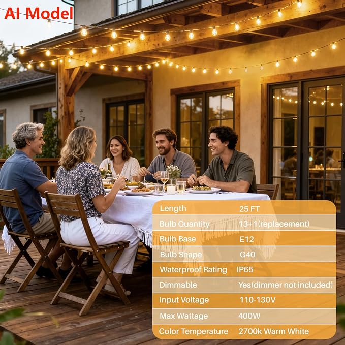 25 FT 2700K Outdoor String Lights,13 Plastic Edison Bulbs, E12 Base | G40 globe shatterproof bulbs, IP65 waterproof, dimmable LED, for backyard porch balcony party decor
