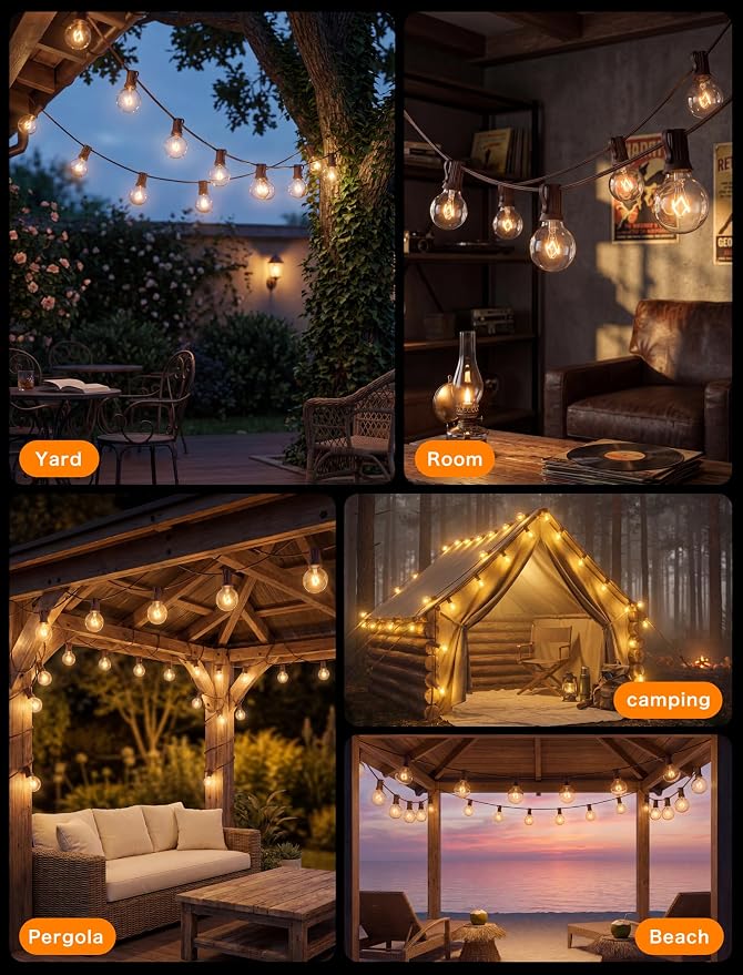 SUNSGNE 50Ft Outdoor Edison String Lights G40 Connectable Globe Lights with 53 Clear Globe Bulbs(3 Spare) for Indoor Outdoor Commercial Decor, 50 Hanging Sockets, 5W/E12 Base, Brown Wire