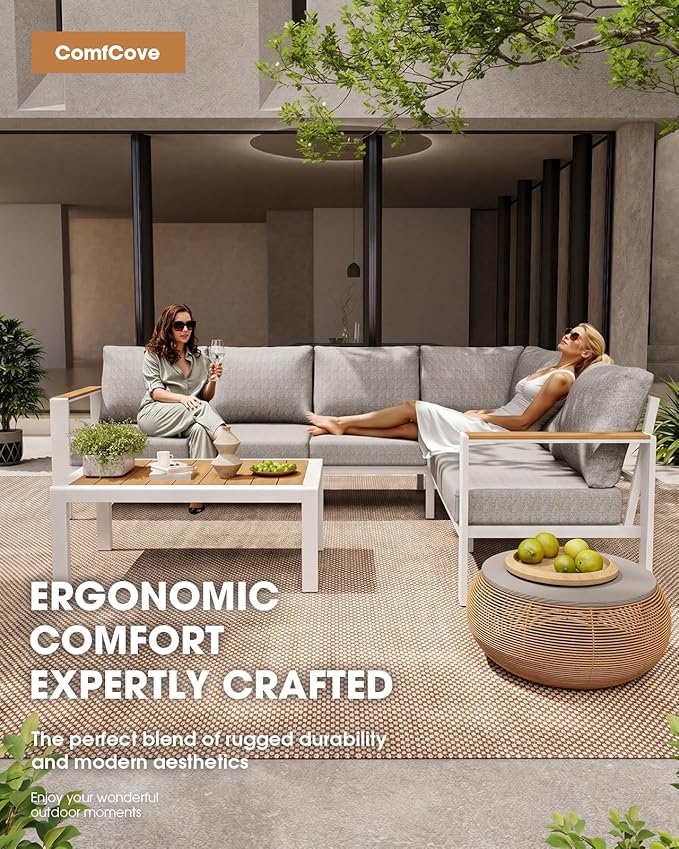 Aluminum Outdoor Patio Furniture Set 6 Seats, Outdoor Sectional Corner Sofa Set, Patio Conversation Sets with Washable Cushions & Coffee Table, Patio Furniture for Backyard, Porch, White