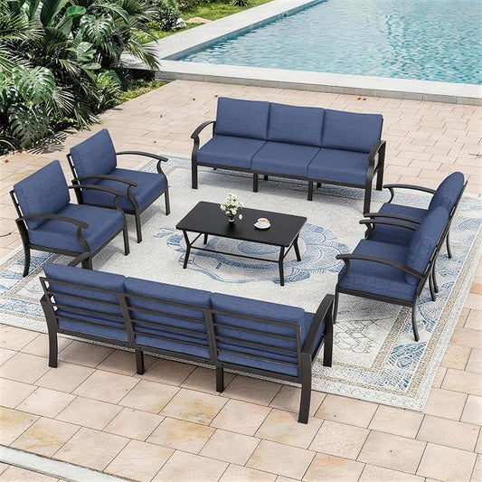 Kurapika Aluminum Patio Furniture Set 10-Seat Modern Metal Outdoor Conversation Sets w/5.1 Inch Cushion Patio Sectional Sofa with Rectangular Coffee Table, Navy Blue