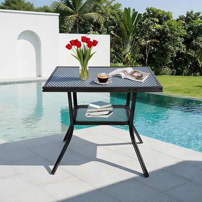 35.2" Square Outdoor Bistro Table, All-Weather PE Rattan Patio Side Table w/Sturdy Metal Frame & Adjustable Foot Pads, Wicker Dining Table for Poolside Backyard Garden Balcony, Blue/White