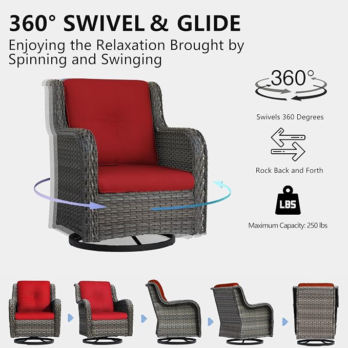 5 Piece Outdoor Patio Furniture Set Wicker Conversation Bistro Set Swivel Rocking Chairs with Side Table and Ottomans for Backyard, Porch, Deck(Mixed Grey/Red)