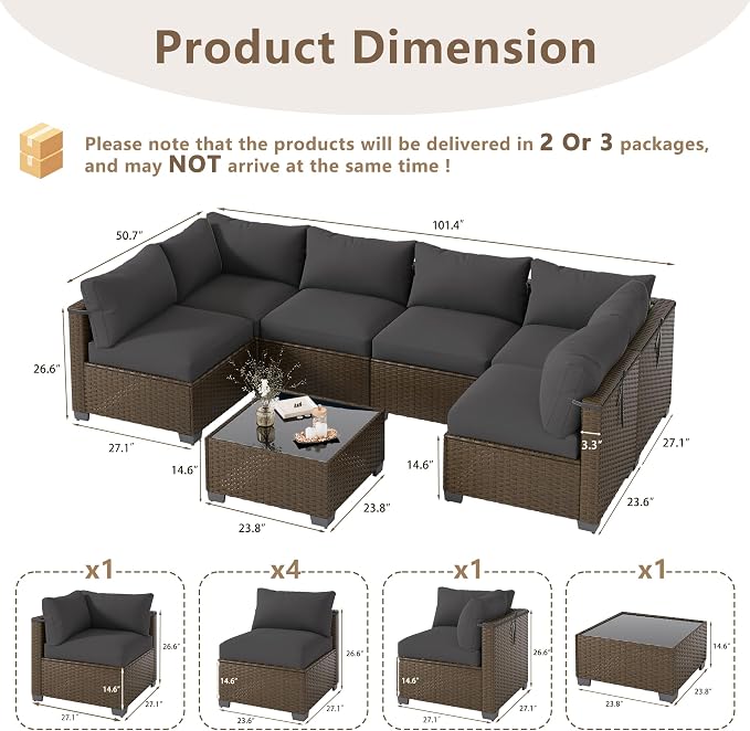 LOUVIXA 7 Piece Outdoor Patio Furniture Set, Outdoor Sectional Sofa, Wicker Rattan Patio Furniture, Patio Conversation Set with Coffee Table & Cushions