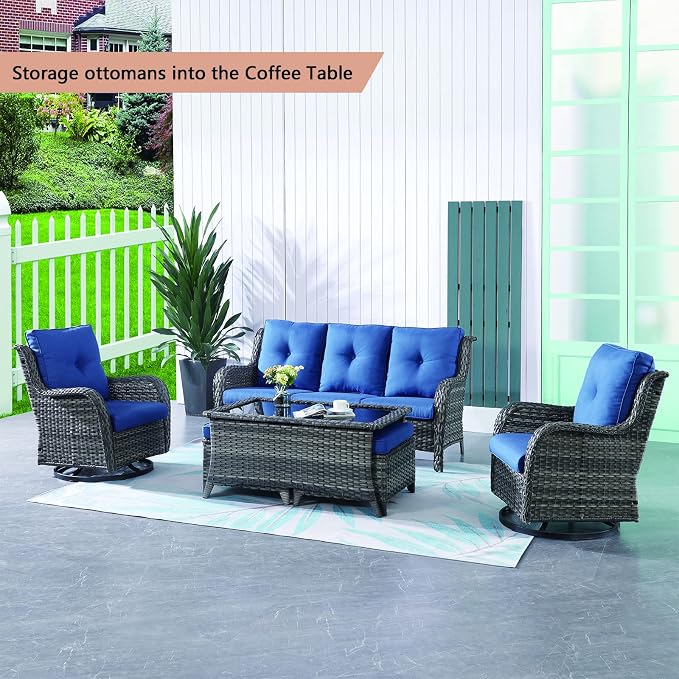 Patio Table Outdoor Coffee Tables - Rattan Wicker Coffee Table with Glass Top and 2-Tier Storage Shelf Rectangle for Outdoor Patio Porch Deck Balcony Garden(Mixed Grey/Glass Top)