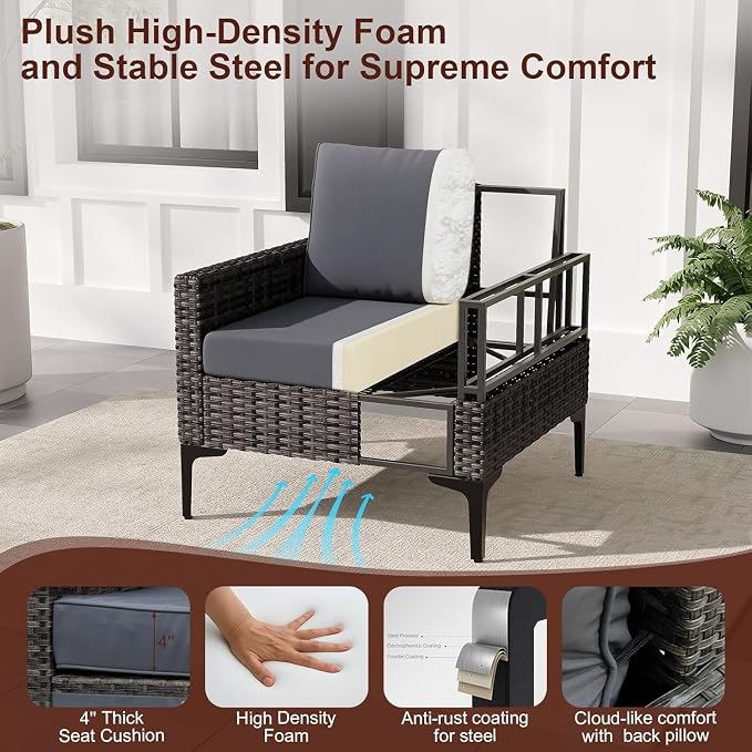4 Piece Patio Furniture Set, Wicker Modular Outdoor Furniture with Thicker Cushions, Outdoor Couch Sofa for Garden, Poolside, Backyard, Gray