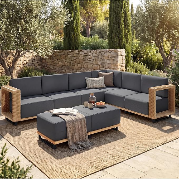 LazySunsets Patio Furniture Set, 8 Pieces Wicker Outdoor Sectional Sofa with 10'' Ultra-Thick Cushions & Ottomans, All-Weather Rattan Conversation Set for Backyard Poolside, Yellow/Dark Gray