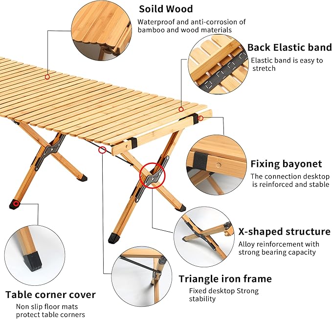 Portable Folding Table,4Ft Bamboo Outdoor Camping Table,Low Picnic Table for Sitting on the Floor,Beach Foldable Table with Carry Bag and Tablecloth,Boho Table for Camping,BBQ,Party