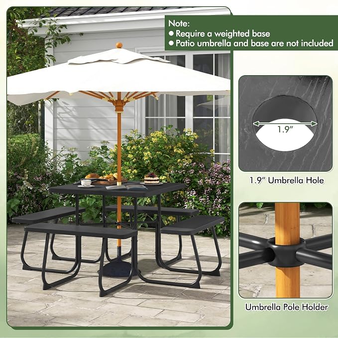 HAPPYGRILL 4-8 Person Square Picnic Table Bench Set with Umbrella Hole, Outdoor Camping Table with HDPE Material and Sturdy Metal Frame for Patio, Garden and Backyard, Black