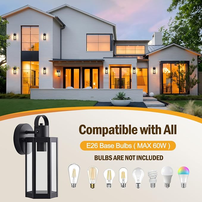 EJIAXIN 2 Pack Exterior Lighting Fixtures, 13" Black Outdoor Wall Light | Clear Glass Shades, Waterproof Metal Construction,Rust-resistant, Easy Installation,Standard E26 Socket, for Patio Garage