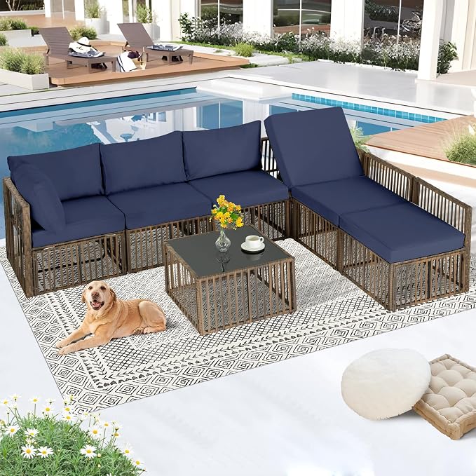 FHFO 7 Piece Outdoor Wicker Patio Furniture Set, Brown/Blue | Sectional Sofa | All-Weather Hand-Woven Rattan | Tempered Glass Coffee Table | Adjustable Backrest | Indoor & Outdoor Use