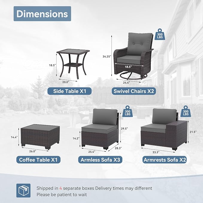 Kurapika 9 Pieces Patio Furniture Set, Rattan Sofa Set, Outdoor Conversation Sets w/Swivel Rocking Chairs Patio Sectional Sofa w/4 Inch Cushion, Grey