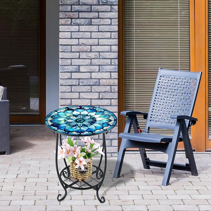 Cinnvoice Outdoor Side Table Round Small Mosaic Patio Accent Indoor End Plant Coffee Tea Table for Yard Patio Porch Garden Living Room, Bedroom(Mandala Style,16 Inch)