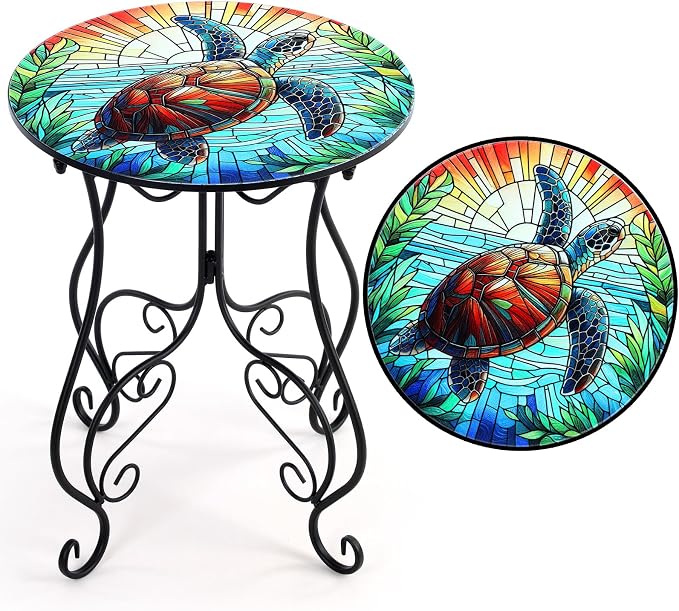 Geelin 14 Inch Small Outdoor Patio Side Table Turtles Round Mosaic Side Table Accent Indoor End Plant Metal Coffee Tea Furniture for Yard Porch Garden Living Room Bedroom(Turtles)