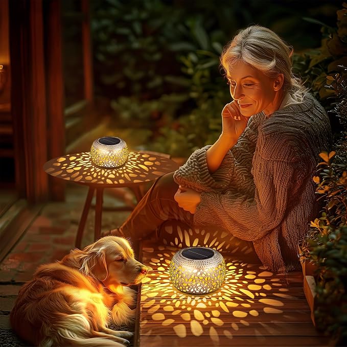 Solar Lanterns Outdoor Waterproof: 2 Pack White Gold Metal Patio Lights | 2 Lighting Colors, Unique Flower Pattern Projection, Vintage Patio Garden Tabletop Decorations, Gifts for Mom & Garden Lovers