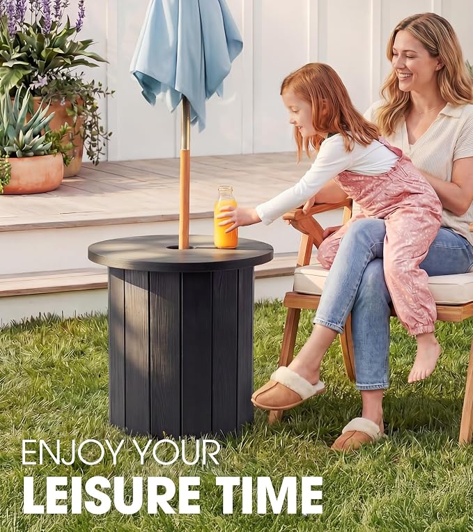 wikiwiki 2-in-1 70Lbs Patio Umbrella Base & Outdoor Side Table with Hole, HDPE Woodgrain Small Outdoor Table Fits 1.5-1.9in Pole for Patio, Deck, Poolside & Garden Use, Dark Black