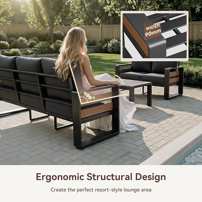 Aoxun Aluminum Patio Furniture Set, 4 Seats Sectional Metal Patio Furniture with Coffee Table and Thick Cushions, Modern Outside Sectional Set for Backyard/Garden/Poolside, Dark Grey